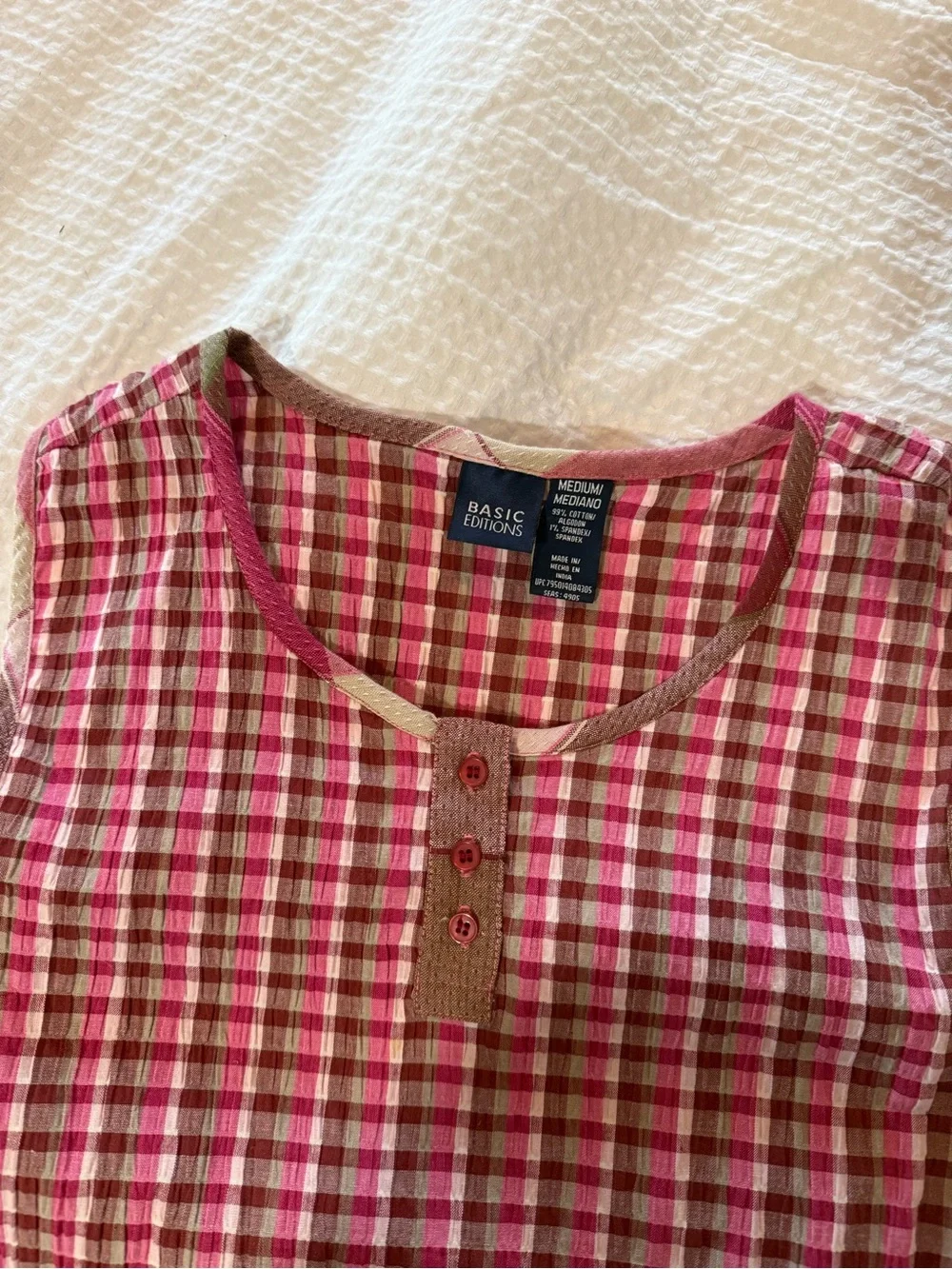 Basic Editions Pink Plaid Sleeveless Henley Tank - Picture 2 of 5